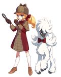  1girl april_(halogenkn) black_gloves brown_footwear brown_ribbon commentary creature deerstalker dog dress english_commentary full_body furfrou gen_6_pokemon gloves hair_ribbon halogenkn hat holding holding_magnifying_glass holding_pipe long_hair looking_at_viewer no_humans original pipe pokemon pokemon_(creature) ponytail ribbon shoelaces standing white_legwear 