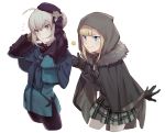  2girls ahoge bangs black_legwear blonde_hair blue_eyes blunt_bangs cape cosplay costume_switch csyko eyebrows_visible_through_hair fate_(series) flower fur-trimmed_cape fur_trim gray_(lord_el-melloi_ii) gray_(lord_el-melloi_ii)_(cosplay) green_eyes grey_cape grey_hair grey_rose hair_between_eyes hat hat_flower hood hood_up lord_el-melloi_ii_case_files multiple_girls pantyhose plaid plaid_skirt reines_el-melloi_archisorte reines_el-melloi_archisorte_(cosplay) skirt tilted_headwear 