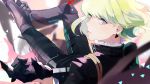  1boy bishounen black_gloves black_jacket butterfly39561 cravat fire gloves green_hair half_gloves highres jacket lio_fotia male_focus promare sitting solo violet_eyes 