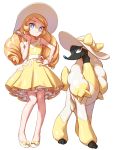  1girl april_(halogenkn) blonde_hair blue_eyes brown_eyes commentary creature dog dress english_commentary expressionless flat_chest furfrou furfrou_(debutante) gen_6_pokemon halogenkn hand_on_hip highres long_hair looking_at_viewer original pokemon pokemon_(creature) shoes short_dress simple_background smile standing white_background white_headwear yellow_dress 