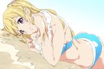  1girl 22/7 bikini blonde_hair fujima_sakura hair_ornament long_hair looking_at_viewer lying on_stomach one_side_up smile solo swimsuit umanosuke violet_eyes 