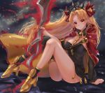  1girl absurdres artist_name ass bangs blonde_hair blush bow breasts cape commentary_request earrings ereshkigal_(fate/grand_order) eyebrows_visible_through_hair fate/grand_order fate_(series) hair_ribbon highres holding holding_weapon jewelry large_breasts long_hair looking_at_viewer milky_way night night_sky parted_bangs red_eyes ribbon skull sky smile solo star_(sky) tiara twintails two_side_up wakana_art weapon 