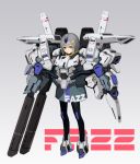  1girl armor beam_cannon coat fazz_(gundam) full_body green_eyes grey_background grey_hair gundam gundam_sentinel hands_in_pockets leggings looking_at_viewer mecha_musume nkmr8 personification short_hair solo thrusters tube 