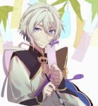  1boy bamboo bishounen blue_eyes chinese_clothes csyko fate/grand_order fate_(series) gao_changgong_(fate) grey_hair hair_between_eyes male_focus no_mask paintbrush silver_hair smile solo tanzaku 