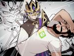  2boys beard black_hair blue_eyes braided_beard carrying chinese_clothes csyko edward_teach_(fate/grand_order) facial_hair fainting fate/grand_order fate_(series) gao_changgong_(fate) grey_hair horned_mask male_focus mask masked motion_lines multiple_boys princess_carry shirt silver_hair t-shirt zoom_layer 