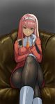  1girl breasts closed_mouth crossed_legs darling_in_the_franxx flasso green_eyes hairband highres horns long_hair looking_at_viewer pantyhose pink_hair red_horns smile solo uniform white_hairband zero_two_(darling_in_the_franxx) 