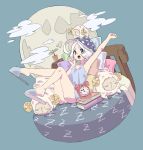  1girl ahoge alarm_clock arm_up banana_takemura blue_footwear blue_headwear blush_stickers book clock clouds full_body full_moon grey_eyes hand_up hat horns legs_up moon nightcap nightgown on_bed open_mouth original pillow plant polka_dot_hat potted_plant sheep sheep_horns short_hair slippers stretch white_hair yawning 