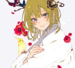  1boy androgynous bird blue_eyes bug butterfly closed_mouth enkidu_(fate/strange_fake) fate/strange_fake fate_(series) fingernails flower from_side green_hair highres insect looking_at_viewer looking_to_the_side male_focus parakeet red_flower satsuki_(miicat) smile solo white_robe 