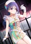  1girl ajapar amazing_travel_dna aqua_earrings azalea_(love_live!) bang blue_hair blush bracelet collarbone dress eyebrows_visible_through_hair finger_gun gloves hair_ornament hat headwear highres jewelry legs legs_together long_ponytail love_live! love_live!_school_idol_festival love_live!_sunshine!! matsuura_kanan multicolored multicolored_clothes multicolored_dress necklace outstretched_arm ponytail shorts shorts_under_dress solo sparks triangle triangle_hair_ornament violet_eyes white_gloves 