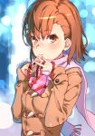  1girl bangs blush bow box brown_coat brown_eyes brown_hair closed_mouth coat commentary_request eyebrows_visible_through_hair flower fringe_trim gift gift_box hair_between_eyes hair_flower hair_ornament hands_up heart heart-shaped_box heart-shaped_pupils long_sleeves looking_at_viewer misaka_mikoto pink_scarf raika9 red_bow red_ribbon ribbon scarf sleeves_past_wrists solo steepled_fingers symbol-shaped_pupils to_aru_kagaku_no_railgun to_aru_majutsu_no_index twitter_username upper_body white_flower 