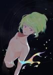  1boy androgynous bishounen butterfly39561 chest green_hair light_green_hair lio_fotia male_focus multicolored_fire nipples pastel_colors promare shirtless solo violet_eyes 