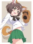  1girl :d akiyama_yukari animal_ears bangs black_neckwear blouse bright_pupils brown_background brown_eyes brown_hair commentary cowboy_shot dog_ears dog_tail eyebrows_visible_through_hair fake_animal_ears fake_tail girls_und_panzer green_skirt ilyfon133 long_sleeves looking_at_viewer messy_hair midriff miniskirt navel neckerchief ooarai_school_uniform open_mouth outside_border paw_print pleated_skirt school_uniform serafuku short_hair simple_background skirt smile solo standing tail white_background white_blouse white_pupils 