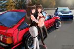  2girls absurdres ass black_legwear blue_eyes breasts brown_hair car collarbone commentary double_bun dress fuxi ground_vehicle hair_bun highres honkai_(series) honkai_impact_3rd leggings long_hair looking_at_viewer md5_mismatch motor_vehicle multiple_girls nissan_silvia nuwa o-ring o-ring_top open_mouth outdoors pants pantylines pointing racing red_bikini_top red_eyes shoes siblings small_breasts snake sneakers thighs torofu toyota_sprinter_trueno twins white_legwear 