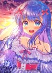  1girl :d bangs bare_shoulders blue_hair blurry blurry_background blush bow collarbone commentary_request depth_of_field dress eyebrows_visible_through_hair frilled_dress frills green_eyes hair_bow hand_in_hair hand_up highres honami_(yths4221) long_hair moe2020 multicolored_hair off-shoulder_dress off_shoulder open_mouth original outdoors pink_hair red_bow round_teeth smile solo sparkle striped striped_bow sunset teeth two-tone_hair upper_body upper_teeth very_long_hair water_drop white_dress 