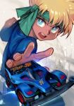  1boy bakusou_kyoudai_let&#039;s_&amp;_go!! bangs blonde_hair blue_eyes bodysuit dark_skin dark_skinned_male green_headband hand_up hankuri headband j_(let&#039;s_&amp;_go) male_focus open_mouth ringed_eyes simple_background solo toy toy_car v-shaped_eyebrows 