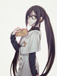  1girl akuta_hinako black-framed_eyewear book brown_hair capelet csyko earrings fate/grand_order fate_(series) frown glasses highres holding holding_book jewelry long_hair looking_at_viewer solo twintails very_long_hair white_capelet 