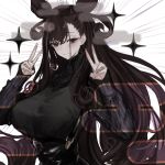  1girl bangs black_hair blush breasts double_bun double_v eyebrows_visible_through_hair fate/grand_order fate_(series) frown highres long_hair looking_at_viewer murasaki_shikibu_(fate) naruwe simple_background sleeves_past_wrists solo v very_long_hair violet_eyes white_background 