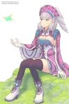  1girl blue_eyes breasts bug butterfly cape curly_hair elbow_gloves gloves hat head_wings insect marfrey medium_breasts melia outdoors short_hair simple_background sitting_on_rock smile solo thigh-highs white_background white_hair wings xenoblade_(series) xenoblade_1 