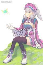  1girl blue_eyes breasts bug butterfly cape curly_hair elbow_gloves gloves hat head_wings insect marfrey medium_breasts melia outdoors short_hair simple_background sitting_on_rock smile solo thigh-highs white_background white_hair wings xenoblade_(series) xenoblade_1 