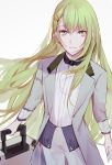  1boy alternate_costume bishounen bow bowtie csyko enkidu_(fate/strange_fake) fate/strange_fake fate_(series) formal green_eyes green_hair hair_ornament hairclip long_hair male_focus smile solo suit suitcase very_long_hair 
