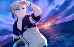  1boy blue_eyes blue_sky clouds csyko dutch_angle earth fate/grand_order fate_(series) gao_changgong_(fate) grey_hair hair_between_eyes heroic_spirit_festival_outfit horizon jacket looking_away male_focus ocean shading_eyes short_ponytail silver_hair sky solo sunset wristband 