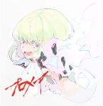  1boy androgynous butterfly39561 copyright_name fire gloves green_fire green_hair half_gloves highres light_green_hair lio_fotia male_focus multicolored_fire pastel_colors promare purple_fire solo violet_eyes 