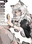  1girl animal_ear_fluff animal_ears arknights bangs black_cape blush braid cape commentary_request grey_eyes grey_legwear hair_between_eyes headpiece highres holding_comb jewelry leopard_ears leopard_tail long_hair looking_at_viewer necklace parted_lips pramanix_(arknights) qijiwan_goldyu solo tail thigh-highs turtleneck twin_braids watch white_background white_hair 