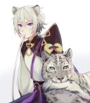  1boy animal_ears biting blue_eyes cat_ears chinese_clothes csyko fate/grand_order fate_(series) gao_changgong_(fate) grey_hair hair_between_eyes highres kemonomimi_mode leopard_ears male_focus mouth_hold no_mask short_hair silver_hair solo tail tail_biting 