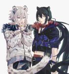  2boys animal_ears animal_print black_hair blue_eyes cat_ears cat_tail collar cropped_jacket csyko fate/grand_order fate_(series) fingerless_gloves gao_changgong_(fate) gloves grey_hair hair_between_eyes kemonomimi_mode leash leopard_ears leopard_print leopard_tail long_hair male_focus multiple_boys no_mask panther_ears panther_tail ponytail silver_hair snow_leopard tail very_long_hair yan_qing_(fate/grand_order) 