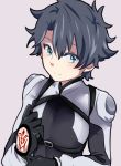  1boy adjusting_clothes adjusting_gloves black_hair blue_eyes blush bodysuit chaldea_combat_uniform command_spell fate/grand_order fate_(series) fujimaru_ritsuka_(male) gloves male_focus mitsu_(nonoko05) solo upper_body 