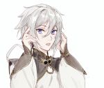  1boy blue_eyes chinese_clothes csyko eyewear_removed fate/grand_order fate_(series) gao_changgong_(fate) grey_hair hair_between_eyes holding male_focus no_mask short_hair silver_hair solo 