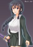  1girl alternate_costume anti_(untea9) bangs black_hair blunt_bangs braid commentary_request hakama hakama_skirt happi highres holding holding_sword holding_weapon japanese_clothes kantai_collection katana kitakami_(kantai_collection) long_hair looking_at_viewer open_mouth sheath sheathed sidelocks single_braid smile solo sword twitter_username violet_eyes weapon 