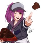  1girl airisubaka artist_name bangs box breasts brown_eyes candy chocolate chocolate_heart commentary eyebrows_visible_through_hair food hat heart highres holding holding_box leah_(airisubaka) long_hair long_sleeves looking_at_viewer medium_breasts one_eye_closed open_mouth original ponytail purple_hair signature simple_background smile solo throwing white_background 