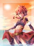  1boy alexander_(fate/grand_order) braid fate/grand_order fate_(series) leather leather_armor long_hair male_focus midriff mitsu_(nonoko05) overskirt partially_submerged red_eyes redhead single_braid skirt skirt_lift solo sun 
