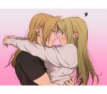  1boy 1girl arms_around_waist black_shirt blonde_hair blue_eyes blush border close-up commentary_request couple ear_blush earrings edward_elric eye_contact eyebrows_visible_through_hair eyes_visible_through_hair fidgeting fingernails fullmetal_alchemist furrowed_eyebrows gradient gradient_background grey_background grey_sweater hair_down hanayama_(inunekokawaii) hand_under_clothes hand_under_shirt hands_together hetero hug husband_and_wife jewelry letterboxed looking_at_another muscle nervous noses_touching older own_hands_together piercing pink_background same_height shirt short_sleeves shy simple_background sleeves_past_wrists smile squiggle sweatdrop sweater upper_body v-shaped_eyebrows white_border winry_rockbell yellow_eyes 