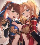  2girls beatrix_(granblue_fantasy) blonde_hair blue_eyes breast_press breasts brown_hair cleavage_cutout enomoto_hina gloves granblue_fantasy green_eyes highres long_hair medium_breasts multiple_girls ponytail symmetrical_docking twintails zeta_(granblue_fantasy) 