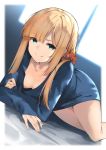  1girl backlighting bangs blonde_hair blue_shirt blurry blurry_background blush breasts closed_mouth collarbone fate_(series) green_eyes hair_ornament hair_scrunchie highres long_hair long_sleeves looking_at_viewer lord_el-melloi_ii_case_files lying on_stomach reines_el-melloi_archisorte scrunchie shirt small_breasts smile solo thighs window yuuuuu 