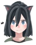  1girl animal_ears banana_takemura black_hair blue_eyes cat_ears commentary_request green_shirt highres looking_at_viewer original shirt solo upper_body white_background 