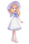  1girl april_(halogenkn) bangs blue_ribbon dress flat_chest full_body hair_ribbon halogenkn highres holding holding_poke_ball long_hair looking_at_viewer original poke_ball poke_ball_(generic) pokemon ribbon sandals serious short_sleeves solo standing transparent_background white_dress white_footwear white_headwear white_theme 