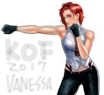  1girl 2017 breasts character_name closed_mouth commentary copyright_name gloves highres k.c lipstick looking_at_viewer makeup midriff necktie red_eyes redhead short_hair simple_background sleeveless solo the_king_of_fighters vanessa_(king_of_fighters) white_background 