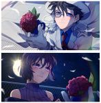  1boy 1girl blue_eyes blue_shirt blush brown_hair closed_mouth collared_shirt crying feathers flower full_moon gloves hat holding holding_flower jacket kaitou_kid meitantei_conan miyano_shiho monicanc monocle moon necktie night outdoors purple_vest red_flower red_neckwear red_rose ribbed_sweater rose shirt short_hair sky smile split_screen star_(sky) starry_sky sweater tears turtleneck turtleneck_sweater upper_body vest violet_eyes white_gloves white_headwear white_jacket wing_collar 