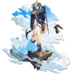  1girl :d adjusting_eyewear alternate_costume animal_ears arknights arm_up bangs bare_legs bird black_footwear blouse blue_choker blue_sky boots choker cliffheart_(arknights) clouds day eyewear_on_head grey_eyes grey_jacket hair_between_eyes head_tilt holding ice_pick jacket leopard_ears leopard_tail long_sleeves looking_to_the_side mountain mountainous_horizon no_hat no_headwear official_art open_clothes open_jacket open_mouth outdoors rope ryuuzaki_ichi short_hair short_shorts shorts silver_hair sky smile socks solo standing sunglasses tail thighs transparent_background white_blouse white_legwear 