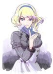  1girl blonde_hair blue_eyes blue_hairband closed_mouth constance_von_nuvelle fan fire_emblem fire_emblem:_three_houses garreg_mach_monastery_uniform hairband hjay holding long_sleeves short_hair simple_background solo uniform upper_body white_background 