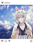  1boy animal_ears blue_eyes clouds cloudy_sky csyko double_v fake_animal_ears fake_screenshot fate/grand_order fate_(series) fou_(fate/grand_order) gao_changgong_(fate) grey_hair heroic_spirit_festival_outfit hood hoodie instagram male_focus rabbit_ears short_ponytail silver_hair sky smile solo towel towel_around_neck v 