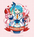  1girl :d android bangs blue_eyes blue_hair box box_of_chocolates breasts capcom chocolate cowboy_shot eyebrows_visible_through_hair facing_viewer gift gift_box heart holding holding_gift incoming_food incoming_gift looking_at_viewer mizuno_keisuke official_art open_mouth pink_background ribbon rico_(rockman) rockman rockman_x rockman_x_dive short_hair side_ponytail smile solo valentine 