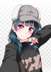  1girl animal_print bangs bear_print black_shirt blunt_bangs blush dark_blue_hair eyebrows_visible_through_hair grey_headwear hair_over_shoulder halftone halftone_background hand_on_own_chin hand_on_own_face hat kobayashi_aika long_hair long_sleeves looking_at_viewer love_live! love_live!_sunshine!! out_of_frame outstretched_arm polka_dot polka_dot_background red_eyes seiyuu_connection self_shot shirt smile tsushima_yoshiko upper_body yopparai_oni 