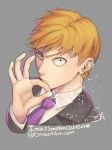  1boy artist_name blonde_hair closed_mouth collar collared_jacket collared_shirt grey_background grey_jacket highres insertsomthinawesome jacket long_sleeves looking_at_viewer male_focus mob_psycho_100 necktie purple_neckwear reigen_arataka salt shirt short_hair signature simple_background solo upper_body watermark web_address white_shirt 