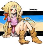  1girl blonde_hair breasts closed_mouth dakusuta facial_mark fiona_(zoids) forehead_mark hair_ribbon highres long_hair looking_at_viewer red_eyes ribbon solo zoids zoids_chaotic_century 