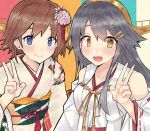  2girls absurdres black_hair blue_eyes brown_hair commentary_request detached_sleeves dokuganryuu flipped_hair flower hair_flower hair_ornament hairband haruna_(kantai_collection) headgear hiei_(kantai_collection) highres japanese_clothes kantai_collection kimono long_hair looking_at_viewer multiple_girls obi remodel_(kantai_collection) ribbon-trimmed_sleeves ribbon_trim sash short_hair smile upper_body v white_kimono 