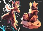  blue_eyes box character_name claws creature electricity fangs full_body gen_7_pokemon grey_background highres horn in_box in_container jumping legendary_pokemon looking_at_viewer lyc no_humans pokemon pokemon_(creature) rock simple_background zeraora 